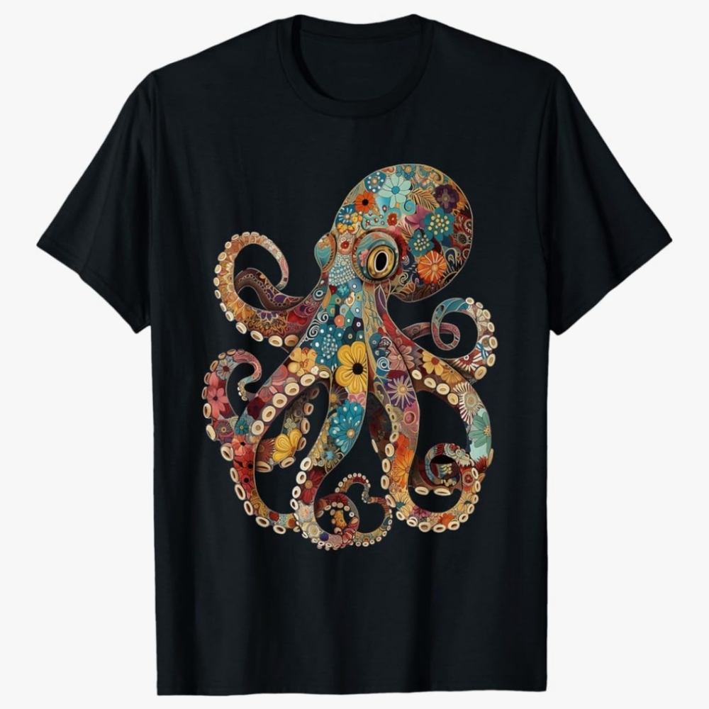 Black Graphic Relaxed Tee with Octopus Design